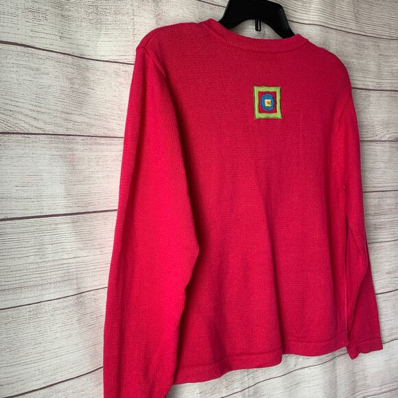 Bechamel Pink Knit Cardigan Sweater Colorful Geometric Squares Button Up Medium - Picture 14 of 16